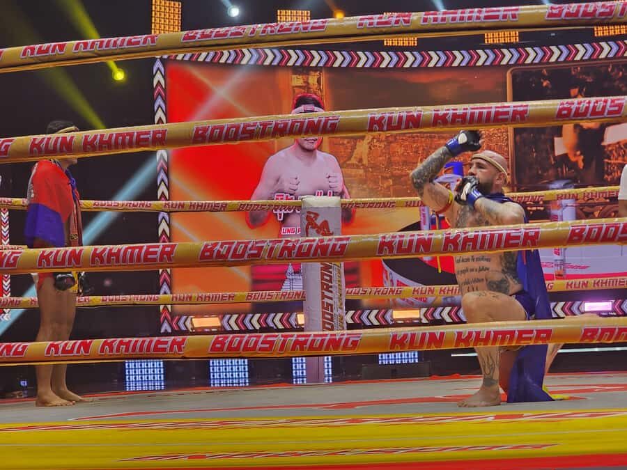 Phnom Penh:Kun Khmer Kickboxing Match at National TV Stadium - Beers, photos, and the ring moment after the match